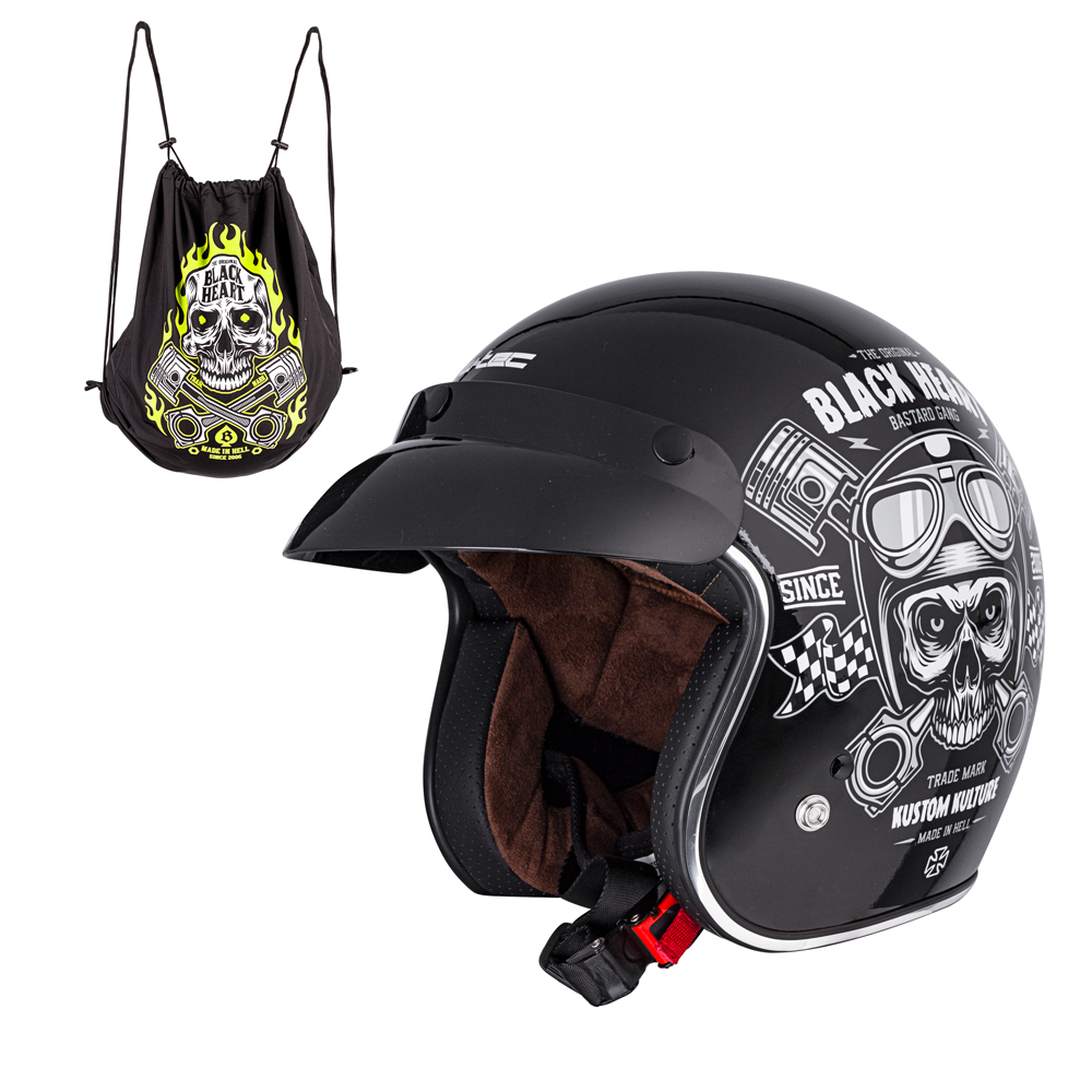 Moto přilba W-TEC Black Heart Kustom - Skull Horn, matně černá - Skull, černá lesk