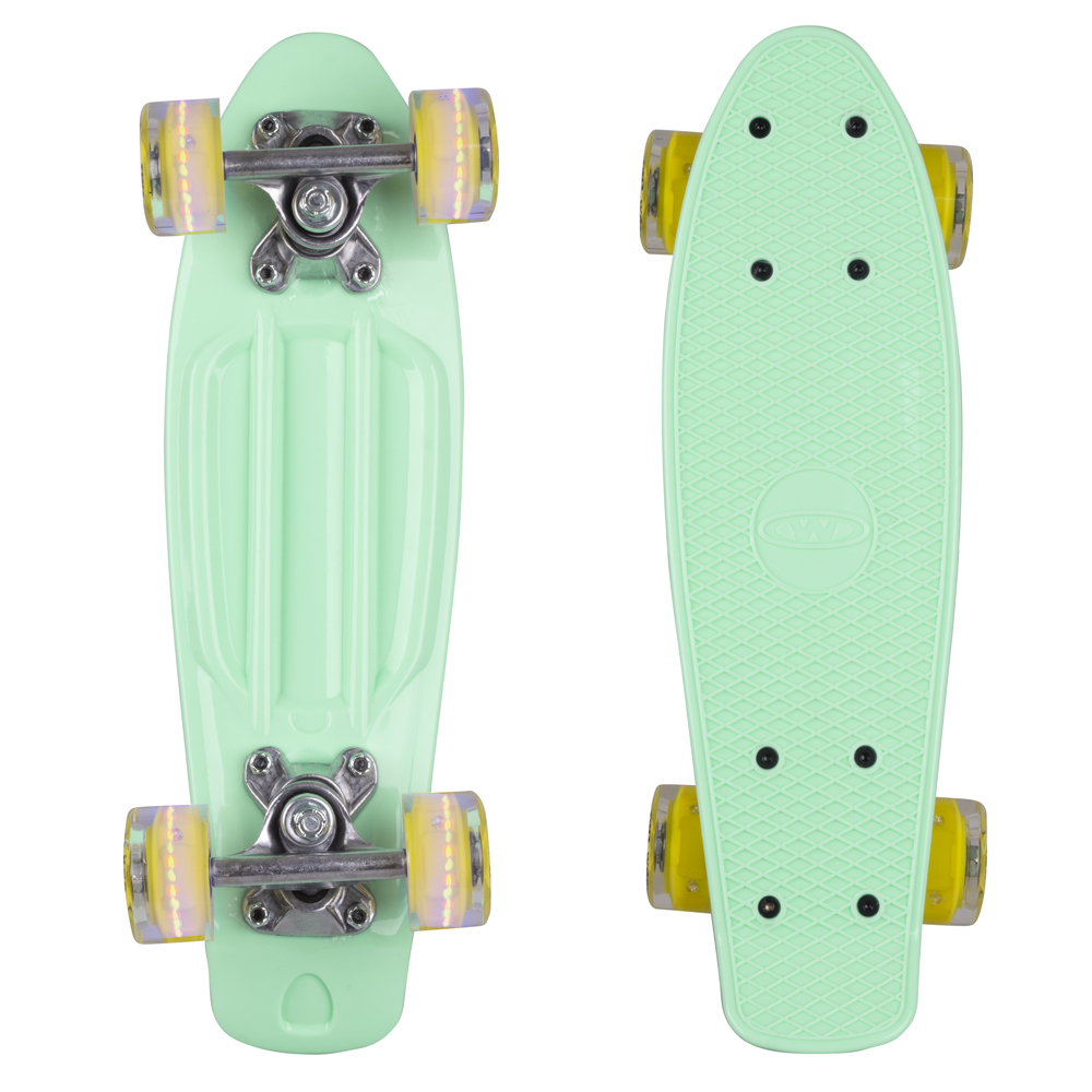 Mini penny board WORKER Pico 17" se svítícími kolečky - červená deska, světle modrá kolečka - modrá deska, žlutá kolečka
