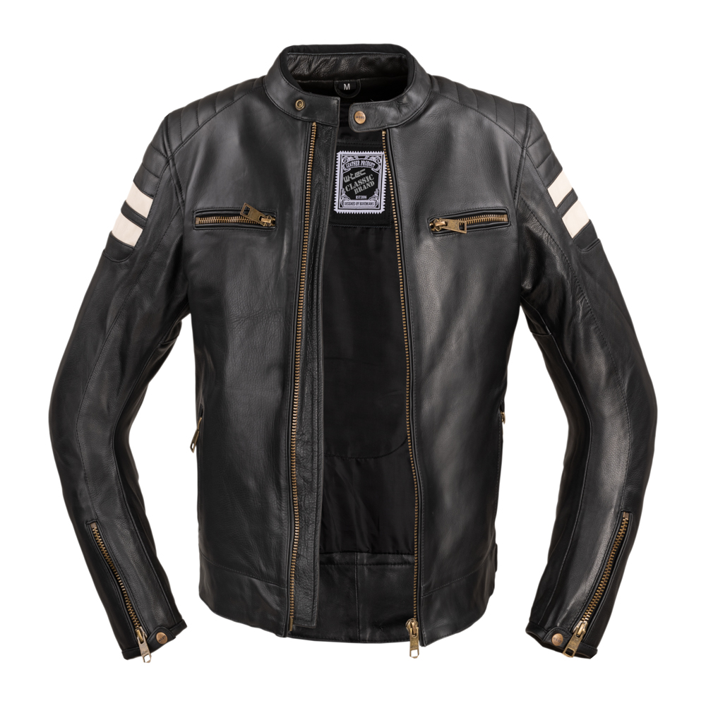 Pánska kožená moto bunda W-TEC Stripe - čierna s béžovými pruhmi