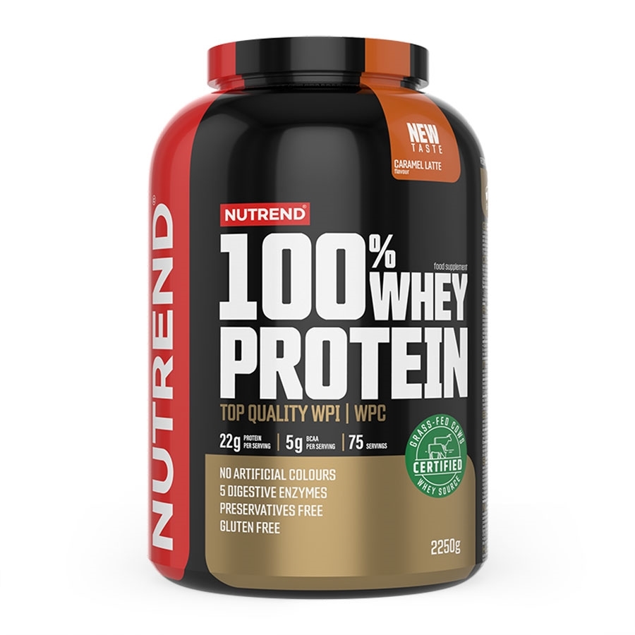Práškový koncentrát Nutrend 100% WHEY Protein 2250g  banán-jahoda.

Patentovaná surovina INSTANT WHEY pak zajišťuje perfektní rozpustnost proteinu pro dokonalý komfort přípravy vašeho proteinového nápoje. Syrovátková bílkovina pochází z prvotřídního mléka splňující certifikaci GRASS FED.

Vynikající stravitelnost zajišťuje značková směs trávicích enzymů.

Klíčové vlastnosti:


	až 73 % bílkovin
	instantizovaný syrovátkový protein (WPC, WPI)
	použité suroviny splňují certifikaci GRASS FED
	až 24 % WPI
	až 22 g bílkovin v jedné dávce
	5 g BCAA v jedné dávce
	značková směs trávicích enzymů DigeZyme™
	bez umělých barviv
	bez lepku


 
100% WHEY PROTEIN je určen:


	pro silově zaměřené sportovce kladoucí důraz na vysoký denní příjem kvalitní bílkoviny
	pro budování svalové hmoty
	pro redukční diety, případně i ketogenní-diety
	pro vegetariány na doplnění chybějících živin


 

Doporučené dávkování produktu 100% WHEY PROTEIN: dávku 30 g rozmíchejte ve 250 ml vody.

Použití produktu 100% WHEY PROTEIN: 1 odměrka = cca 15 g.

Upozornění: Doplněk stravy, se sladidly. Nenahrazuje pestrou stravu.


Složení: 

říchuť ananas+kokos: 78 % syrovátkový proteinový koncentrát (obsahuje slunečnicový lecitin a protispékavou látku fosforečnan vápenatý), 15,5 % syrovátkový proteinový izolát (obsahuje slunečnicový lecitin), aroma, bezlepková pšeničná vláknina, stabilizátory akáciová a xanthanová guma, protispékavá látka oxid křemičitý, chlorid sodný, směs trávících enzymů Digezyme® (amyláza, proteáza, laktáza, lipáza a celuláza), sladidla sukralóza a steviol-glykosidy, barvivo beta-karoten. Může obsahovat stopy sóji.

příchuť banán+jahoda: 78 % syrovátkový proteinový koncentrát (obsahuje slunečnicový lecitin a protispékavou látku fosforečnan vápenatý), 15,5 % syrovátkový proteinový izolát (obsahuje slunečnicový lecitin), aroma, bezlepková pšeničná vláknina, stabilizátory akáciová a xanthanová guma, koncentrát z červené řepy, protispékavá látka oxid křemičitý, chlorid sodný, směs trávících enzymů Digezyme® (amyláza, proteáza, laktáza, lipáza a celuláza), sladidla sukralóza a steviol-glykosidy. Může obsahovat stopy sóji.

příchuť bílá čokoláda+kokos: 80 % syrovátkový proteinový koncentrát (obsahuje slunečnicový lecitin a protispékavou látku fosforečnan vápenatý), 13,5 % syrovátkový proteinový izolát (obsahuje slunečnicový lecitin), aroma, bezlepková pšeničná vláknina, stabilizátory akáciová a xanthanová guma, protispékavá látka oxid křemičitý, chlorid sodný, směs trávících enzymů Digezyme® (amyláza, proteáza, laktáza, lipáza a celuláza), sladidla sukralóza a steviol-glykosidy Může obsahovat stopy sóji.

příchuť cookiesacream: 80 % syrovátkový proteinový koncentrát (obsahuje slunečnicový lecitin a protispékavou látku fosforečnan vápenatý), 14,5 % syrovátkový proteinový izolát (obsahuje slunečnicový lecitin), aroma, bezlepková pšeničná vláknina, stabilizátory akáciová a xanthanová guma, protispékavá látka oxid křemičitý, chlorid sodný, směs trávících enzymů Digezyme® (amyláza, proteáza, laktáza, lipáza a celuláza), sladidla sukralóza a steviol-glykosidy. Může obsahovat stopy sóji.

příchuť čokoládové brownies: 65 % syrovátkový proteinový koncentrát (obsahuje slunečnicový lecitin a protispékavou látku fosforečnan vápenatý), 24 % syrovátkový proteinový izolát (obsahuje slunečnicový lecitin), kakao, bezlepková pšeničná vláknina, stabilizátory akáciová a xanthanová guma, aroma, protispékavá látka oxid křemičitý, chlorid sodný, směs trávících enzymů Digezyme® (amyláza, proteáza, laktáza, lipáza a celuláza), sladidla sukralóza a steviol-glykosidy. Může obsahovat stopy sóji.

příchuť čokoláda+kakao: 65 % syrovátkový proteinový koncentrát (obsahuje slunečnicový lecitin a protispékavou látku fosforečnan vápenatý), 24 % syrovátkový proteinový izolát (obsahuje slunečnicový lecitin), kakao, aroma, bezlepková pšeničná vláknina, stabilizátory akáciová a xanthanová guma, protispékavá látka oxid křemičitý, chlorid sodný, s