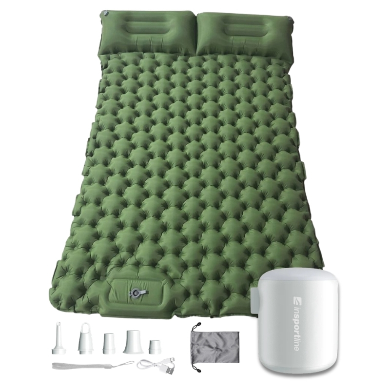Nafukovací karimatka pro dva inSPORTline Faustea s minipumpou 192x125x8 cm zelená karimatka, bílá pumpa