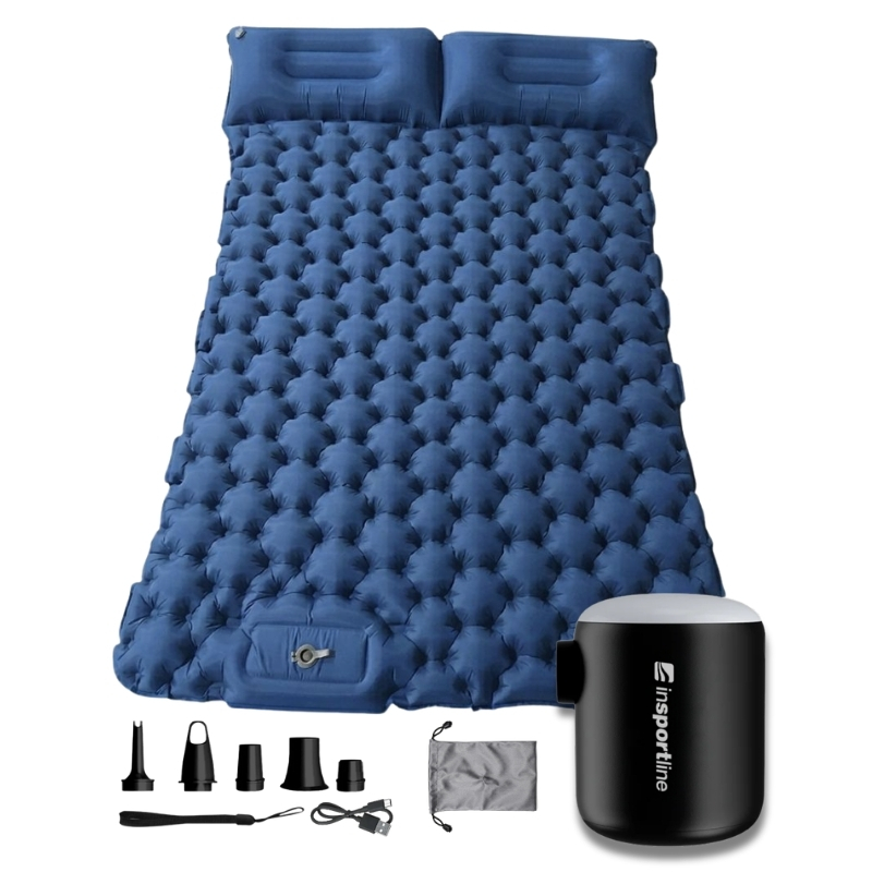 Nafukovací karimatka pro dva inSPORTline Faustea s minipumpou 192x125x8 cm modrá karimatka, černá pumpa