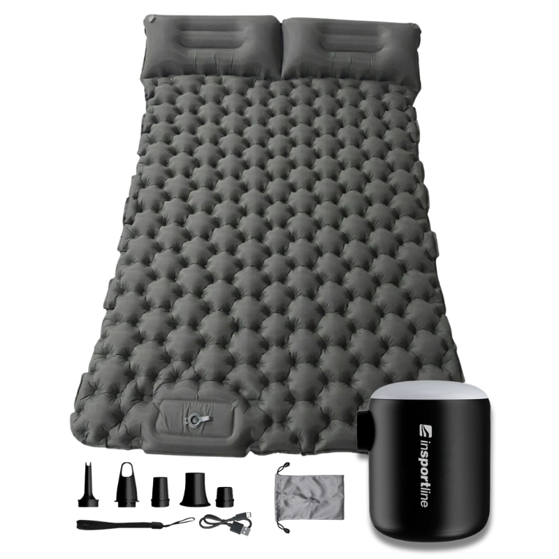 Nafukovací karimatka pro dva inSPORTline Faustea s minipumpou 192x125x8 cm šedá karimatka, černá pumpa