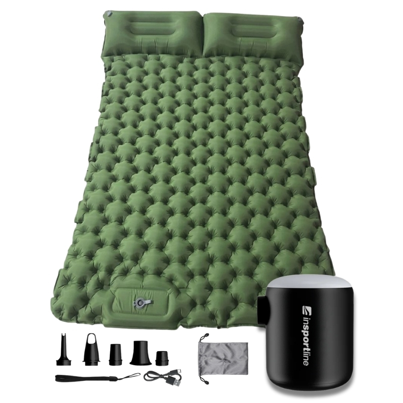 Nafukovací karimatka pro dva inSPORTline Faustea s minipumpou 192x125x8 cm zelená karimatka, černá pumpa