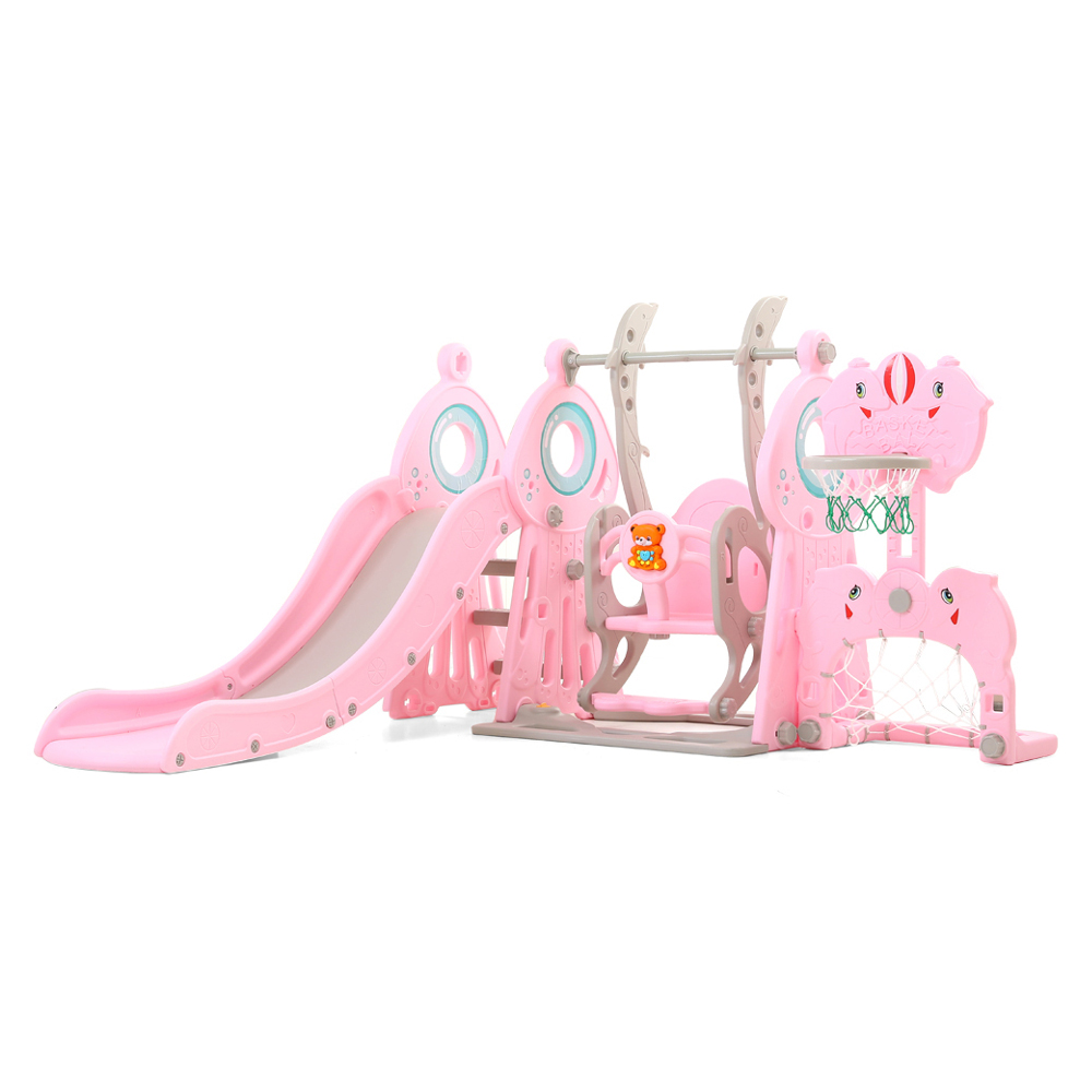 Dětská skluzavka s houpačkou, košem a brankou 5v1 inSPORTline Multino růžová - Obrázek 4