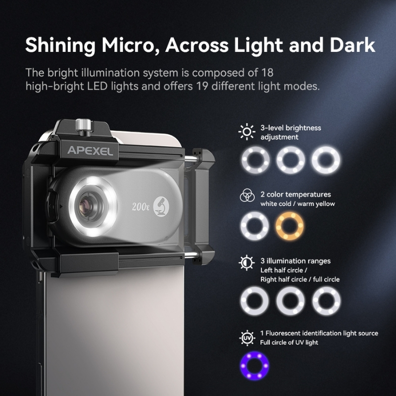 Mikroskop objektiv pro smartphone 200x Apexel s LED a UV světlem (obrázek 11)