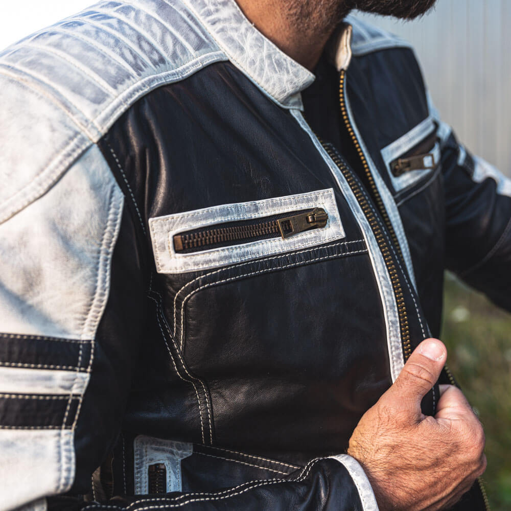 Pánská kožená bunda W-TEC Esbiker černá s béžovými pruhy M (obrázek 7)