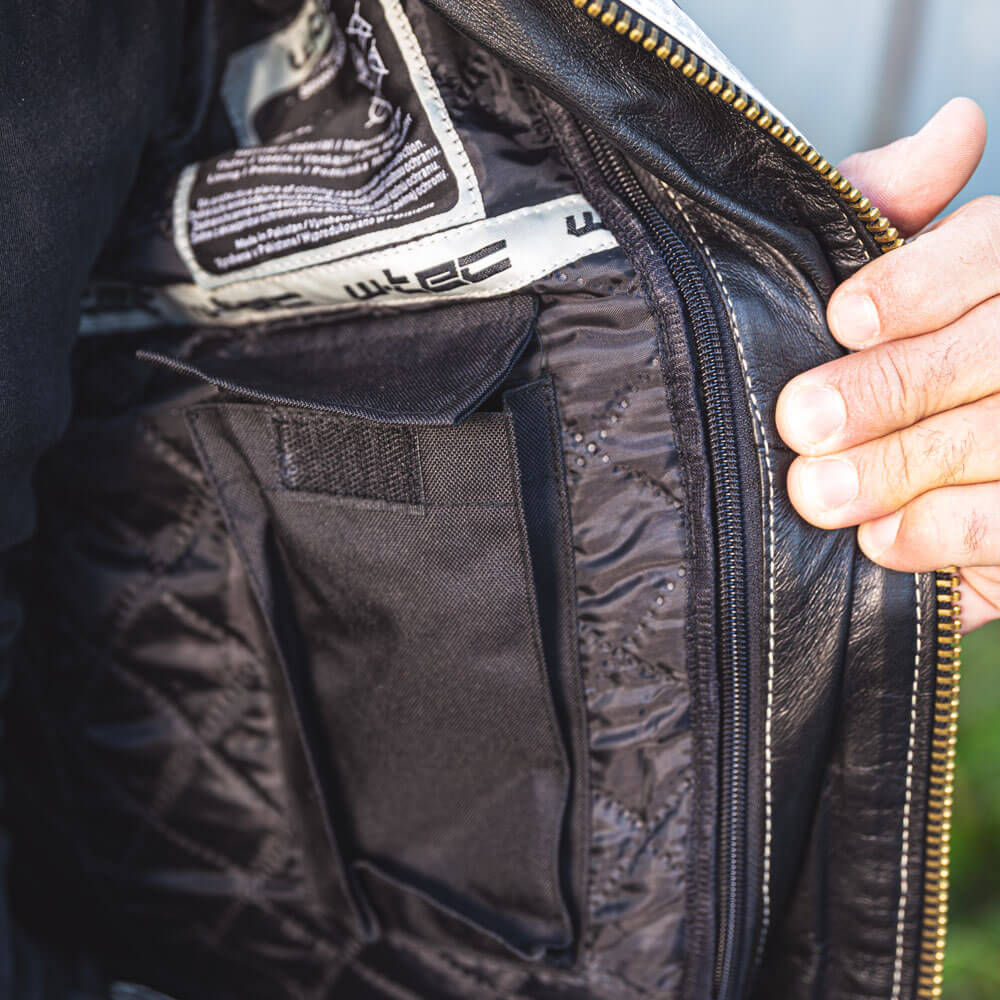 Pánská kožená bunda W-TEC Esbiker černá s béžovými pruhy M (obrázek 10)