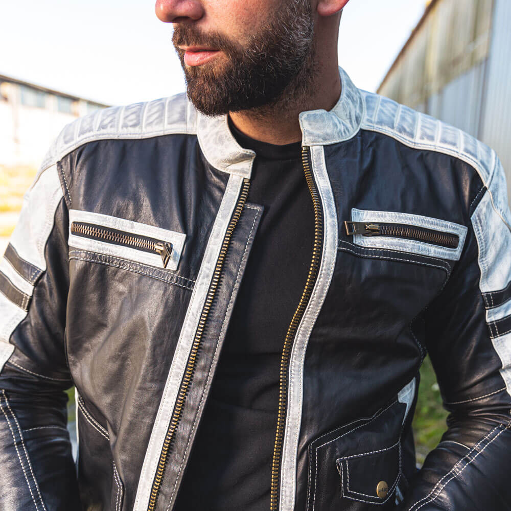 Pánská kožená bunda W-TEC Esbiker černá s béžovými pruhy M (obrázek 6)
