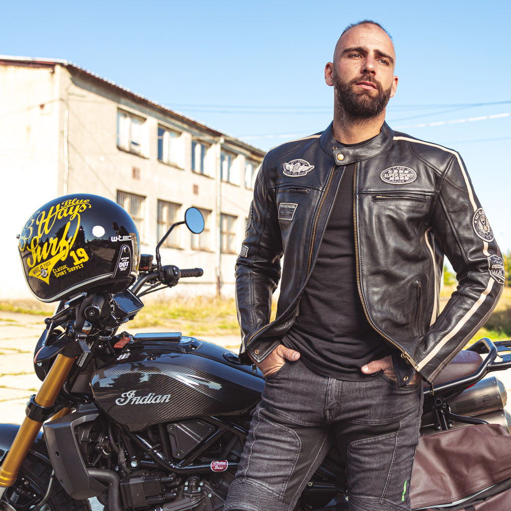 Pánská kožená bunda W-TEC Makso černá s nášivkami S - Obrázek 7