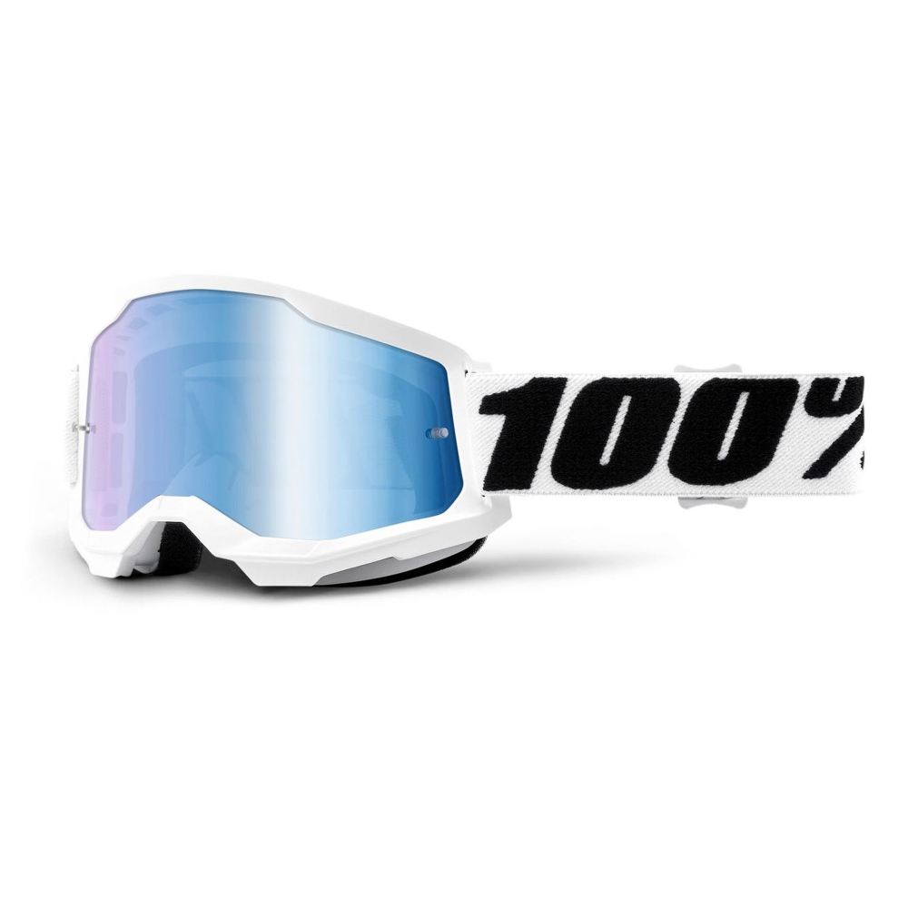 Motokrosové brýle 100% Strata 2 Mirror Everest bílo-černá, zrcadlové modré plexi 100%