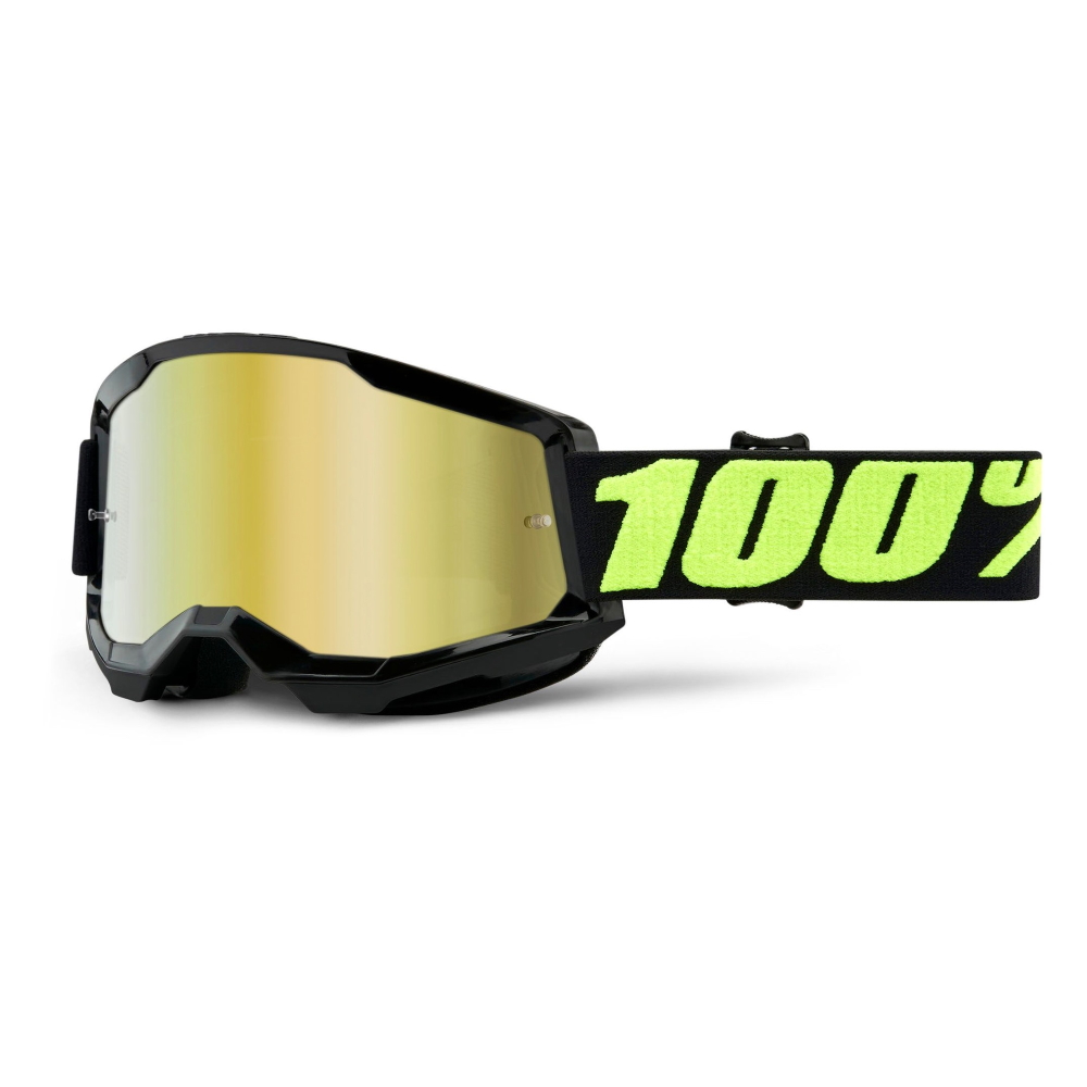 Motokrosové brýle 100% Strata 2 Mirror Upsol černo-fluo žlutá, zrcadlové zlaté plexi 100%
