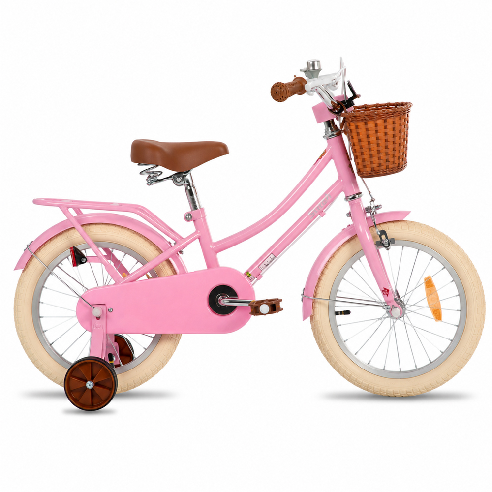 Dětské kolo Joystar Stitch 16" s košíkem a kolečky • 105-135 cm růžová