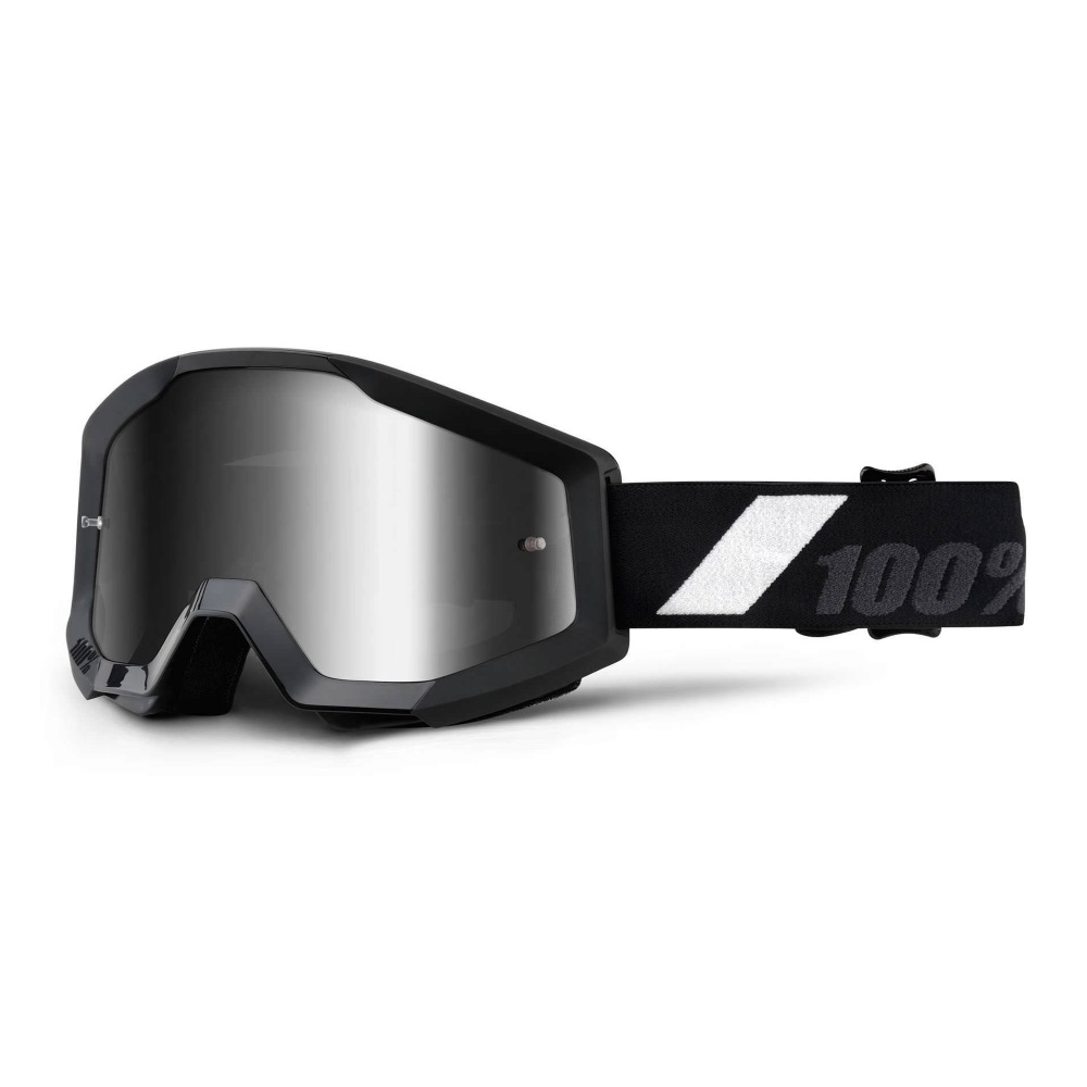 Motokrosové brýle 100% Strata Chrome Goliath černá, stříbrné chrom plexi s čepy pro slídy