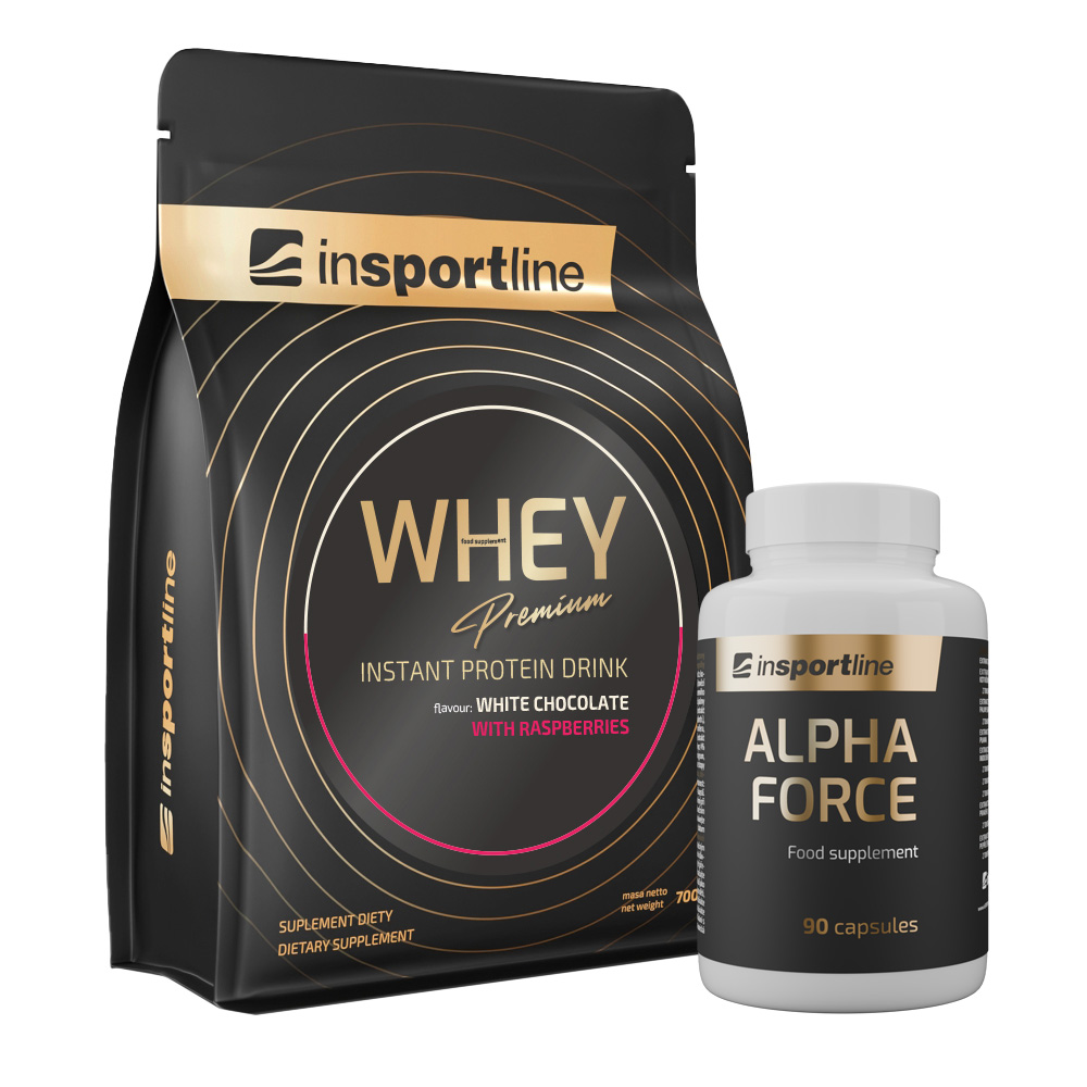 SADA: Protein inSPORTline WHEY Premium 700g + Stimulant inSPORTline AlphaForce, 90 kapslí  bílá čokoláda s malinami
