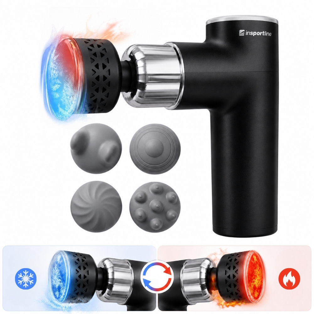 Masážní pistole s hřejivým/chladivým nástavcem inSPORTline ChillFrost • 1800 mAh • 1600-2800 rpm • až 6 mm černá