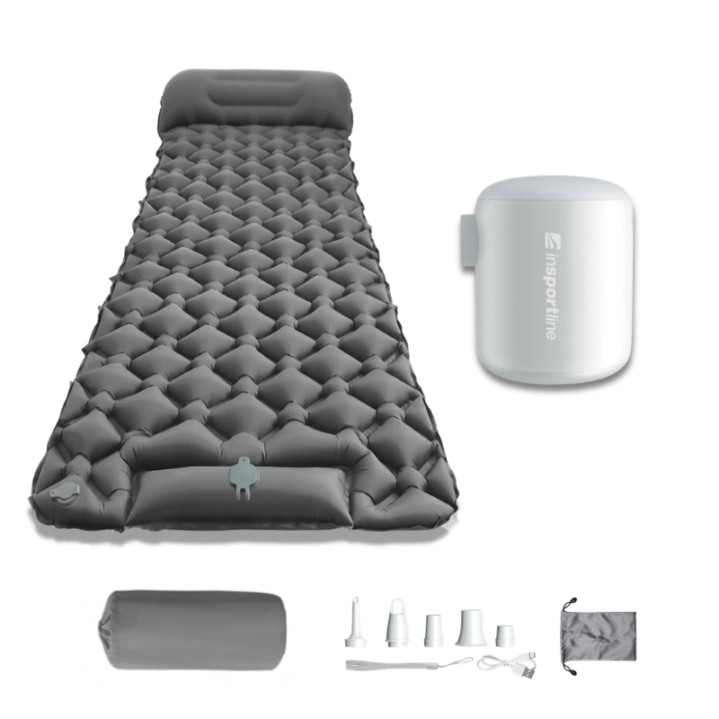 Nafukovací karimatka inSPORTline Soultea s minipumpou 190x60x6 cm šedá karimatka, bílá pumpa