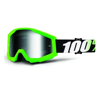 Motocross Goggles 100% Strata - Nation Blue, Red Chrome Plexi with Pins for Tear-Off Foils - Arkon Green, Silver Chrome Plexi with Pins for Tear-Off Foils