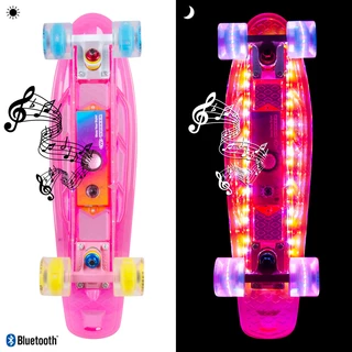 Light-Up Penny Board WORKER Ravery 22" with Bluetooth Speaker - Transparent Pink/Yellow - Transparent Pink/Yellow