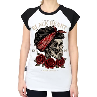 Women’s T-Shirt BLACK HEART Pin Up Skull Raglan - White - White