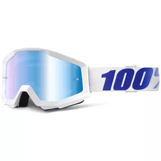 100% Strata Motocross Brille - Equinox weiß, blaues Chrom Plexiglas mit Bolzen für Abreißfolie