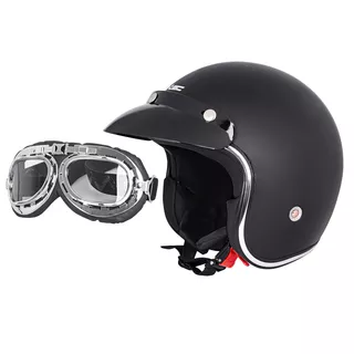 Kask motocyklowy chopper z daszkiem W-TEC z goglami Ageless - Matt.czarny - Matt.czarny