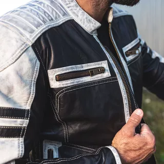 Men’s Leather Jacket W-TEC Esbiker - Black with Beige Stripes