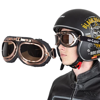 Motorcycle Helmet W-TEC Angeric Gloss Black w/ Steamrust Goggles - Gloss Black