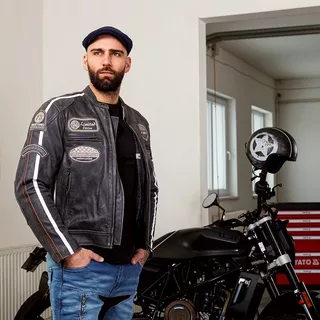 Pánska kožená moto bunda W-TEC Dark Vintage - tmavo šedá, XXL