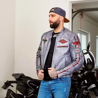 W-TEC Sheawen Worn Grey Herren Leder Motorradjacke - grau