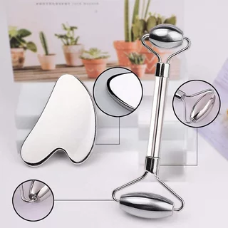 Masážní kovový set Face roller a Gua Sha inSPORTline Comesta Set