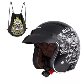 Moto prilba W-TEC Kustom Black Heart - 2. akosť - Skull, čierna lesk