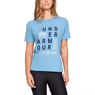 Dámske tričko Under Armour Graphic Square Logo Girlfriend Crew - Blue Circuit Light Heather / Academy / Metallic Silver