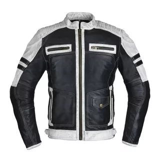 Men’s Leather Jacket W-TEC Esbiker - Black with Beige Stripes