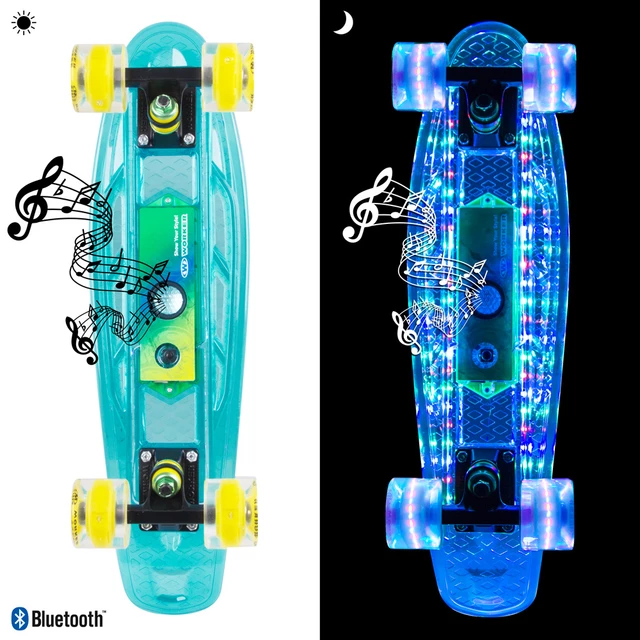 Light-Up Penny Board WORKER Ravery 22" with Bluetooth Speaker - Transparent Pink/Yellow - Transparent Blue/Green