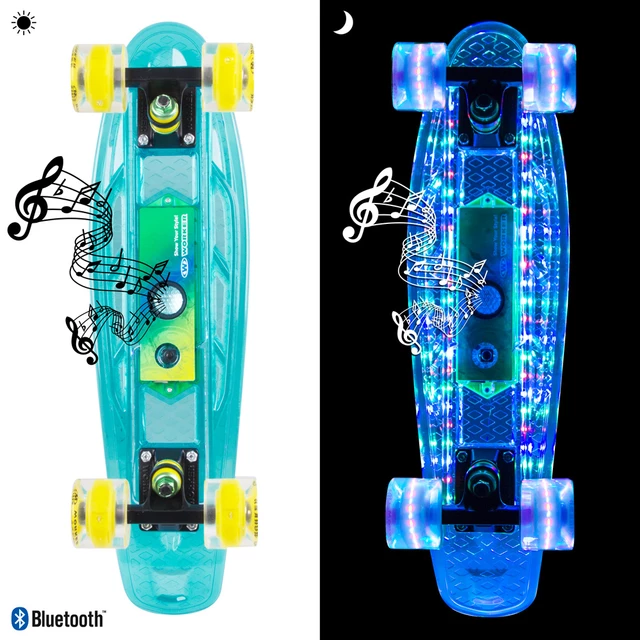 Svítící penny board WORKER Ravery 22" s bluetooth reproduktorem - transparentní modrá/zelená