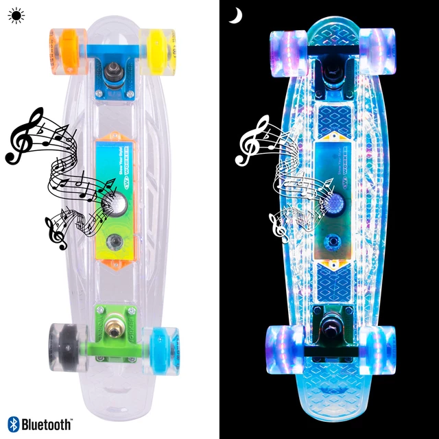 Light-Up Penny Board WORKER Ravery 22" with Bluetooth Speaker - Transparent Pink/Yellow - Transparent/Orange