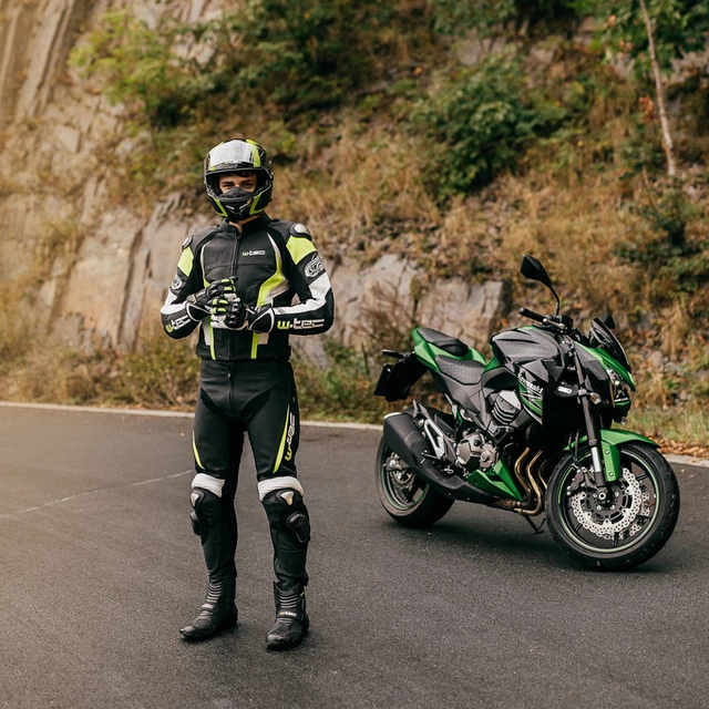 Męska skórzana kurtka motocyklowa W-TEC Velocity - OUTLET - Czarny-fluo
