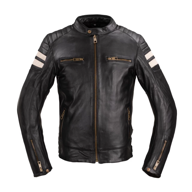 Men’s Leather Motorcycle Jacket W-TEC Stripe - Black with Beige Stripes