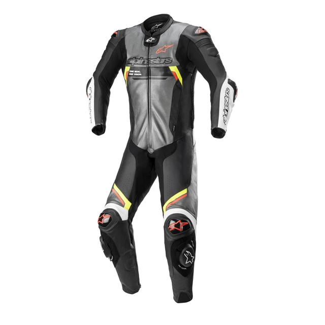 One-Piece Motorcycle Leather Suit Alpinestars Missile 2 Ignition Metallic Gray/Black/Yellow/Fluo Red - Metallic Grey/Black/Yellow/Fluo Red