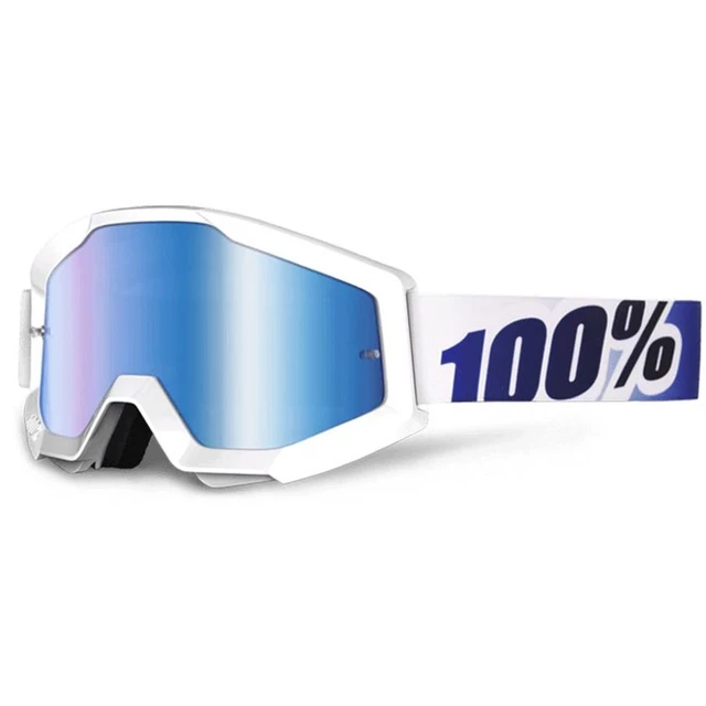Motocross Goggles 100% Strata - Goliath Black, Silver Chrome Plexi with Pins for Tear-Off Foils - Ice Age White, Blue Chrome Plexi with Pins for Tear-Off Foils