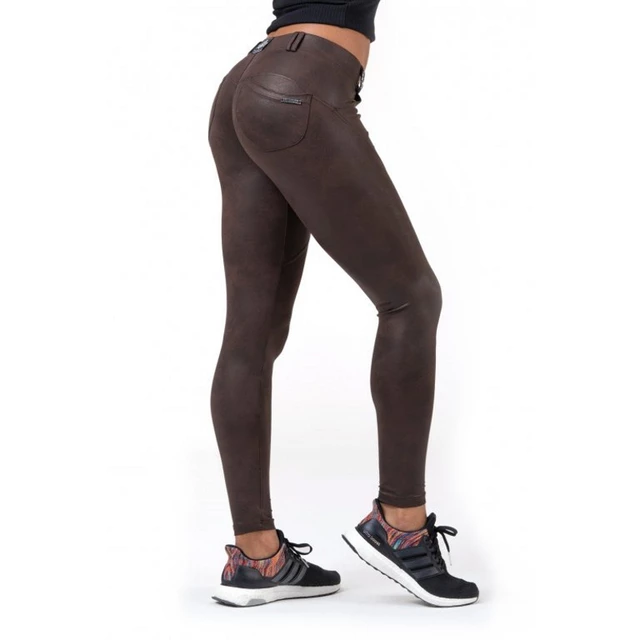 Legginsy damskie Nebbia Leather Look Bubble Butt 538 - Brązowy - Brązowy