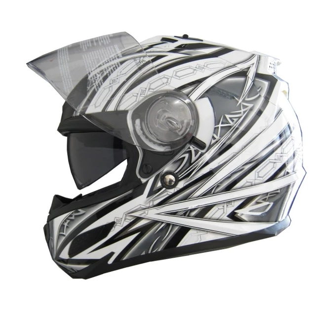 Moto helma Cyber US 100 - stříbrná s grafikou