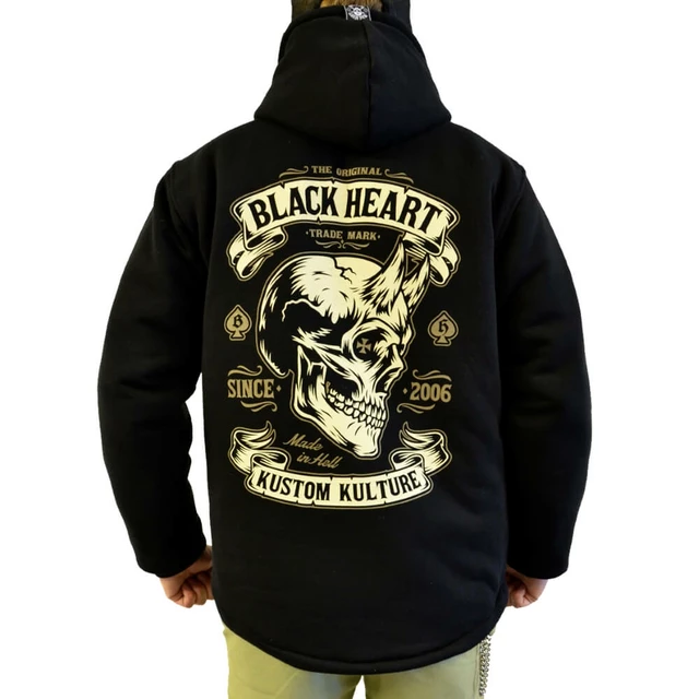 Insulated Hooded Sweatshirt BLACK HEART Devil Skull Lined - Black - Black