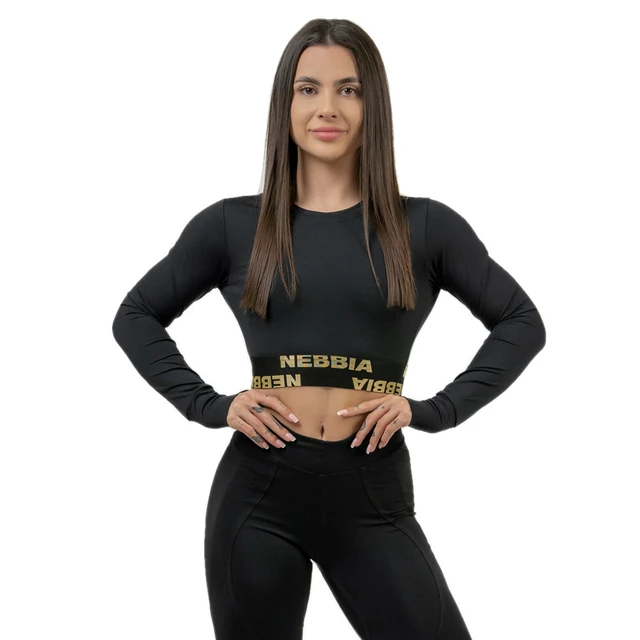 Women’s Long-Sleeved Crop Top Nebbia INTENSE Perform 839 - Black - Black/Gold