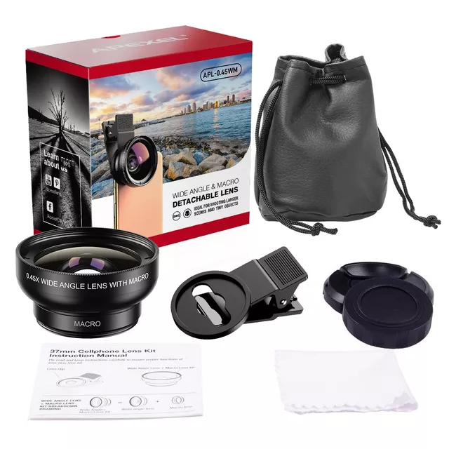 Sada 2v1 objektivů Apexel – 0,45x širokoúhlý a 12,5x makro