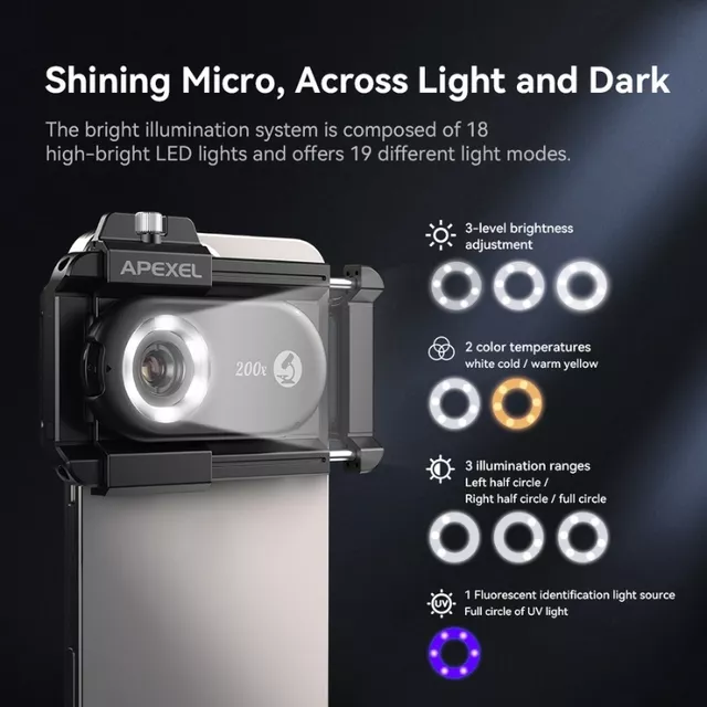 Mikroskop objektiv pro smartphone 200x Apexel s LED a UV světlem