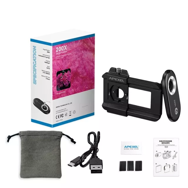 Mikroskop objektiv pro smartphone 200x Apexel s LED a UV světlem