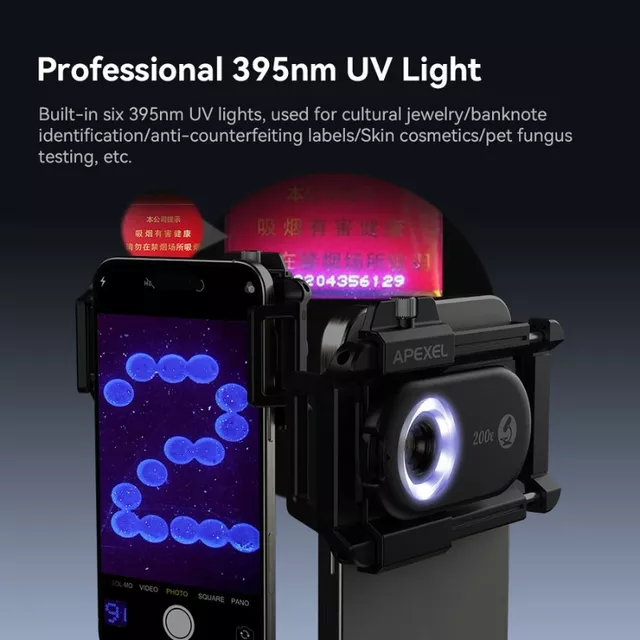 Mikroskop objektiv pro smartphone 200x Apexel s LED a UV světlem
