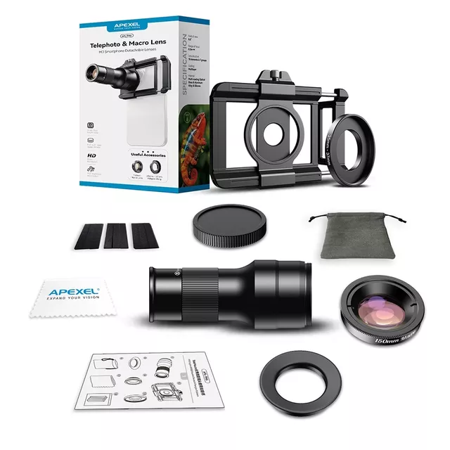Sada Apexel 2v1 - teleobjektiv 6x a makro objektiv 150 mm